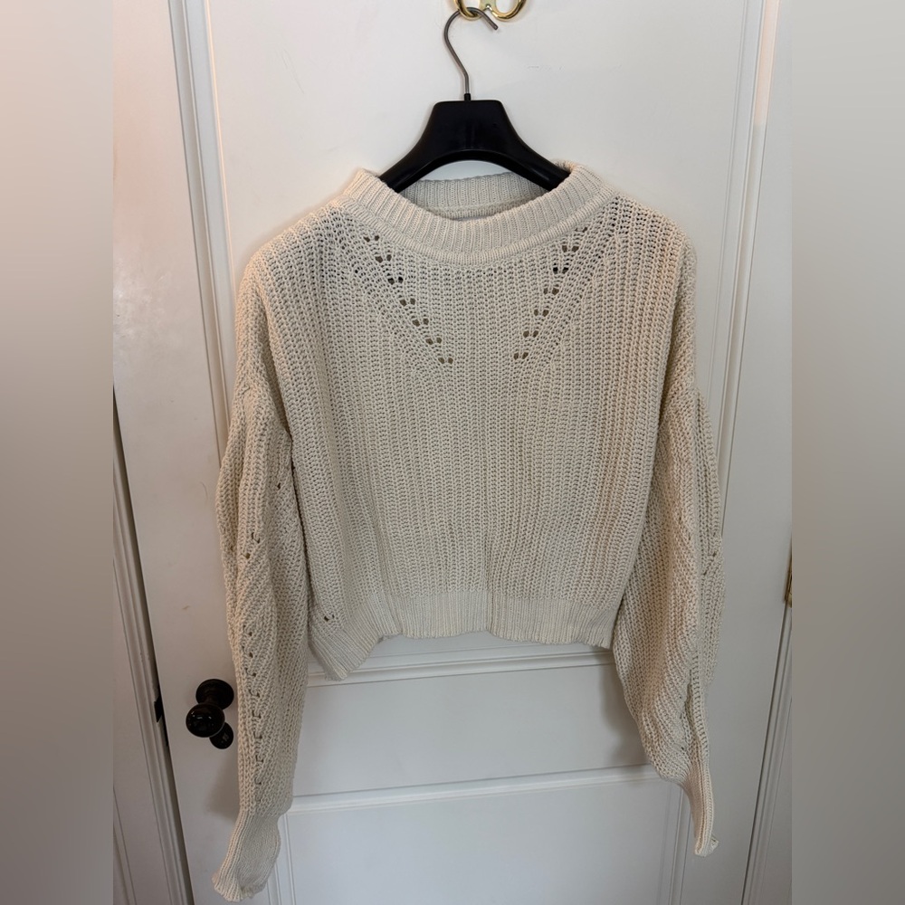 La Ligne Cream Cropped Open-Knit Crewneck Sweater